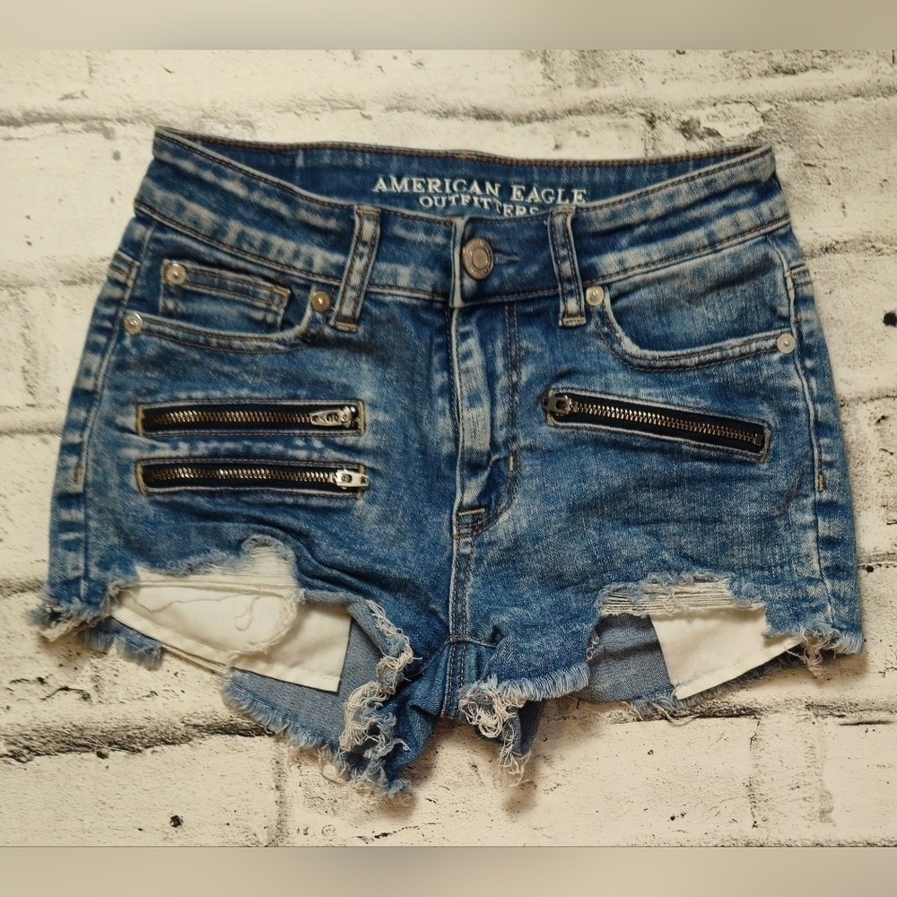 American Eagle Distressed Denim Shorts Zip Detail Festival Jean Shorts